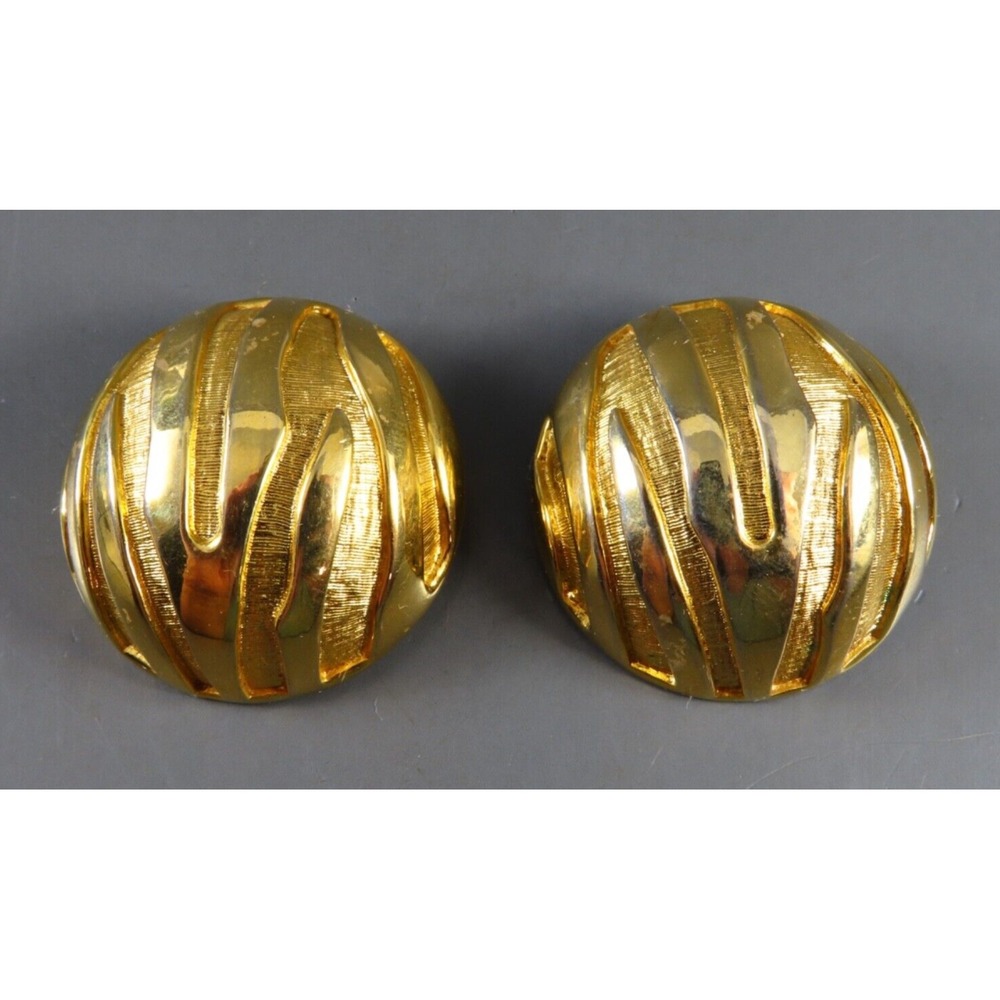 Vintage LARGE HEAVY DOMED Clip-On Earrings GOLD TONE ANIMAL STRIPES Couture Glam